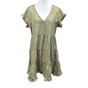 Style House Ruffle Cap Sleeve Tiered Stone Wash V Neck Dress Sz L Green